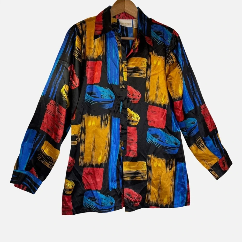 VTG 80s/90s Satiny Statement Tunic Top Blouse S Boho Disco ArtCore 70s Revival - Picture 3 of 6